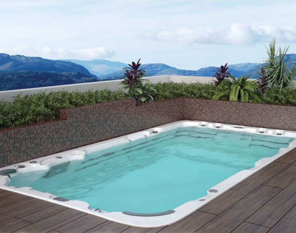 Aquagym max swim spa 4490x2310x1300mm con pannelli in legno naturale,copertura termica,scala,(4 posti)